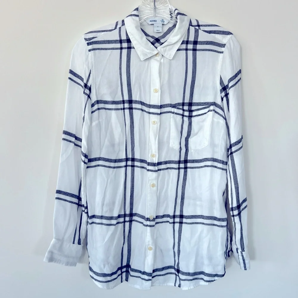 Old Navy Relaxed Classic Soft Brushed Twill long Sleeve top Shirt. White/navy S - Picture 6 of 10